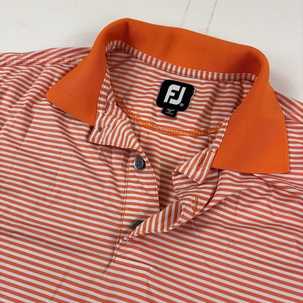 FootJoy Golf Polo Shirt Mens M Orange Striped Highland Woods Logo Short Sleeve